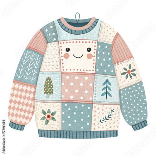 A cute patchwork winter sweater christmas illustration
