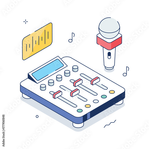 Isometric audio mixer with microphone and sliders, perfect for DJ, podcast, or studio