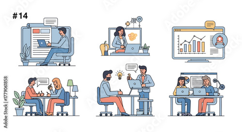 Creative Illustrations Depicting Modern Workplace Interactions and Collaborative Dynamics