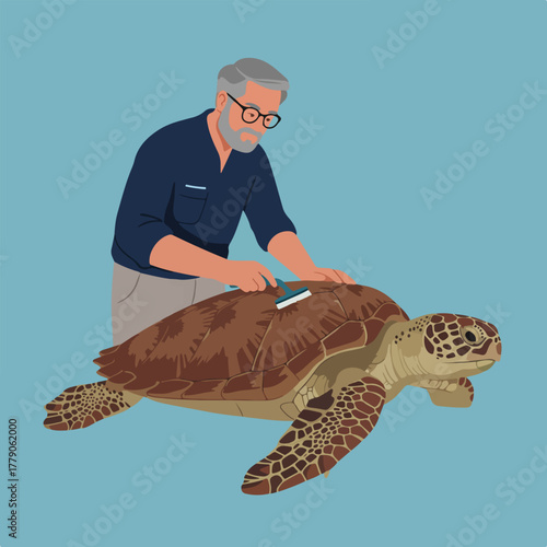 A bespectacled man grooms a large sea turtle with a brush on a pastel blue background