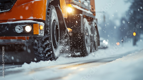 Snow plow truck clearing snowy road in winter weather  