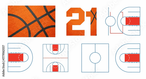 Basketball components displaying ball texture team member number layout details and markings