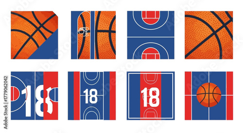 Creative basketball themed pattern with court elements and team uniform concepts