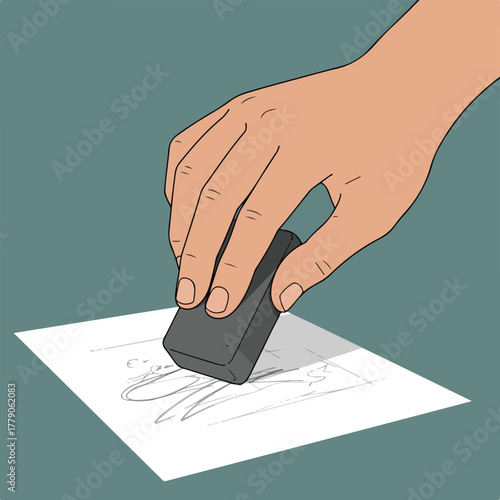 Hand holding an eraser over a sketched drawing, removing elements from the white paper surface
