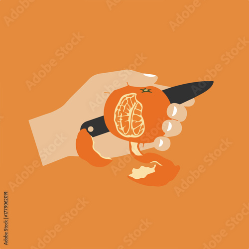 An illustration depicting a hand peeling an orange with a knife, revealing the segmented fruit inside