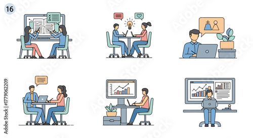 Illustrations depicting collaborative teamwork, brainstorming, and focused work scenarios within a