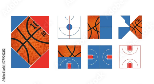 Fragmented illustration of basketball elements forming abstract court arrangements