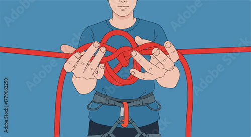 A person demonstrating how to tie a knot with a red rope