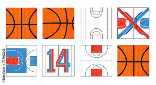 Basketball concepts in digital squares, showcasing court design and ball texture, creating a