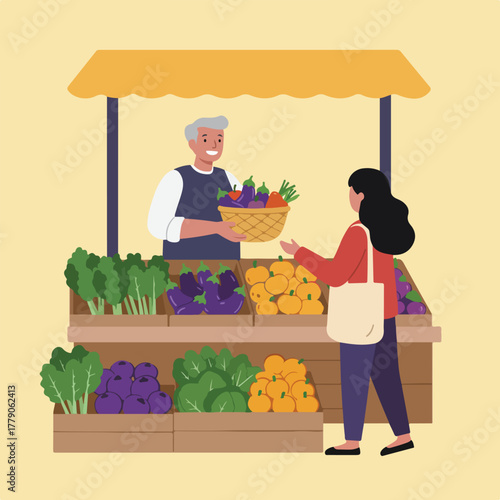A customer selects vegetables from a vendor at a farmers market stall. Colorful vegetables displayed