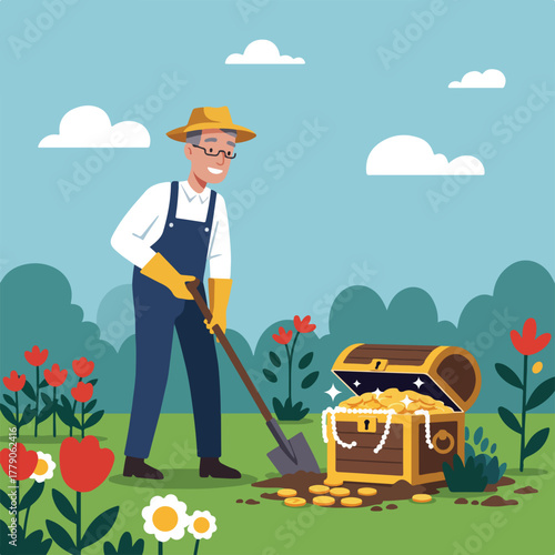 A smiling farmer digs near a treasure chest filled with gold coins, in a garden with flowers under a blue sky
