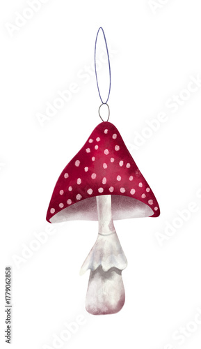 Watercolor illustration of New Year and Christmas tree decoration, toadstool. Vintage mushroom decoration. 
