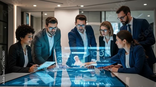 Diverse Business Team Collaborates on Futuristic Holographic Data Display for Strategic Analysis