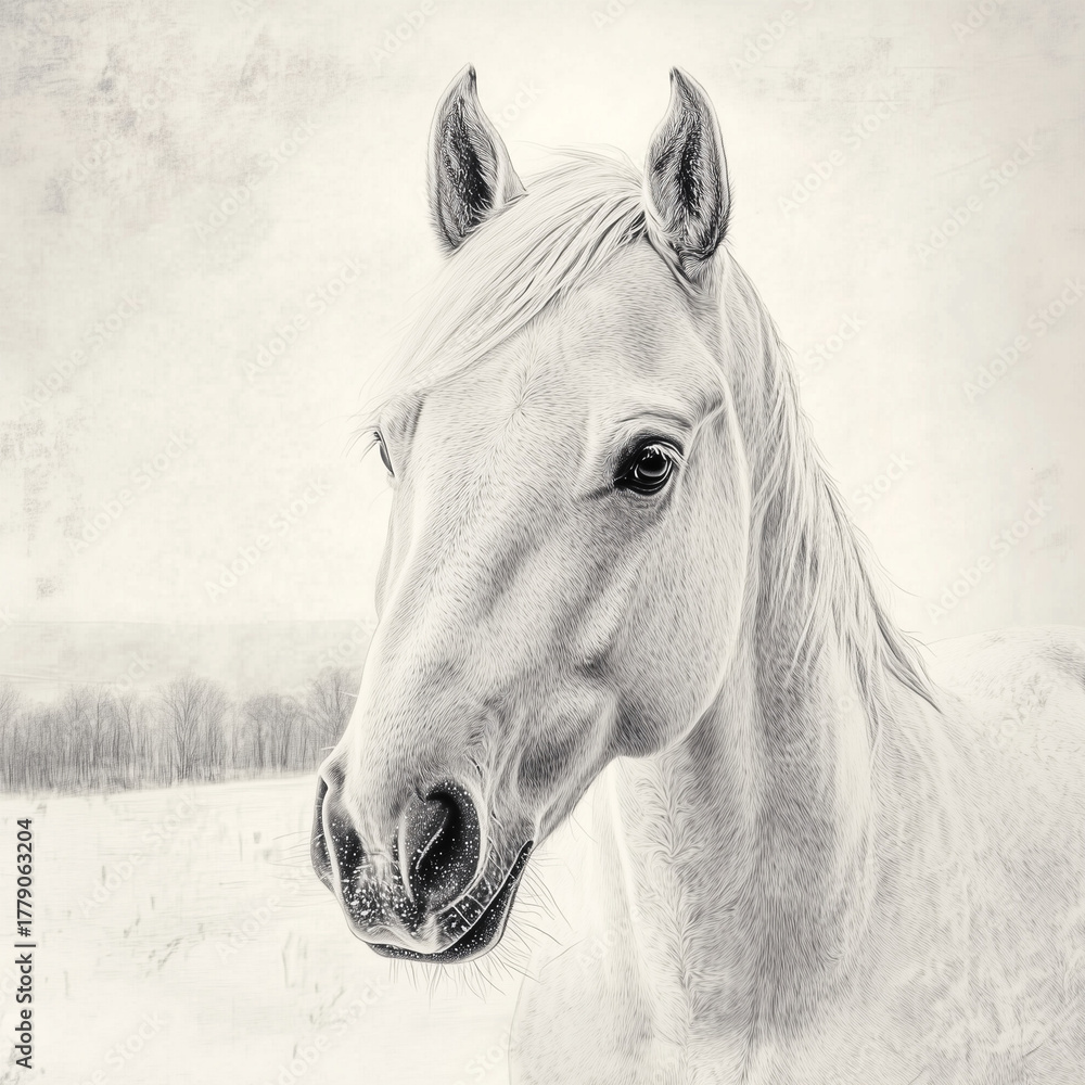 Fototapeta premium White horse head illustration with soft features on textured background 