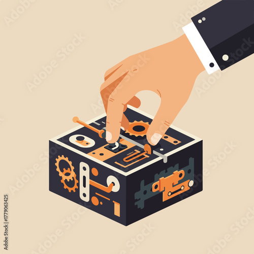 An isometric illustration shows a hand adjusting gears and levers on a dark box
