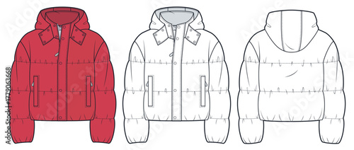Puffer Jacket with Hood Fashion Flat Sketch. Unisex Down Jacket fashion flat technical drawing template, pockets, front and back view, white, red, women, men, unisex CAD mockup.