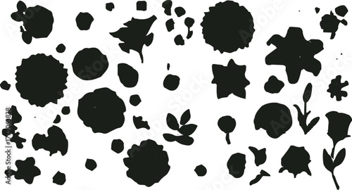 The image features a dynamic arrangement of black silhouettes depicting a variety of floral elements against a stark white background. victor