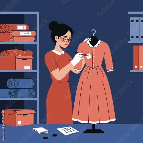 A seamstress in a workshop inspects a dress on a stand, near shelves of fabrics and boxes