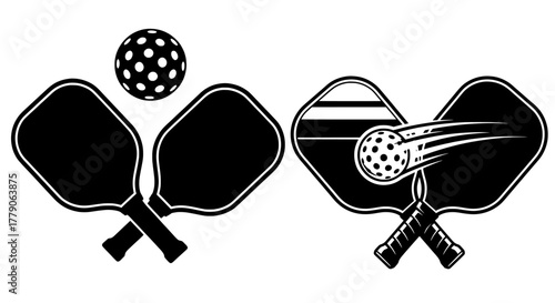 Pickleball paddles and ball vector icons