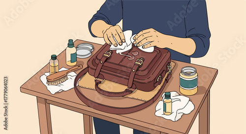 Person cleaning a leather bag with cleaning supplies on a table