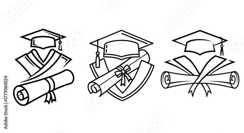 Graduation cap and diploma symbols set