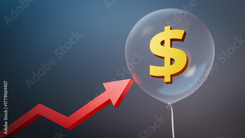 Schilderij op canvas Financial Bubble Risk Concept: Rising Graph Arrow Pointing to Dollar Sign Balloon