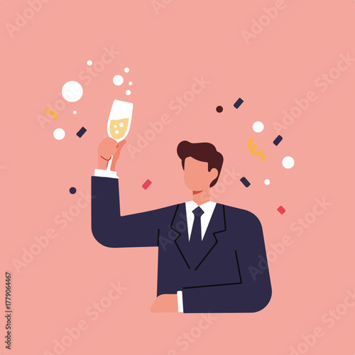 A celebratory flat illustration features a man in a suit raising a champagne glass amidst confetti