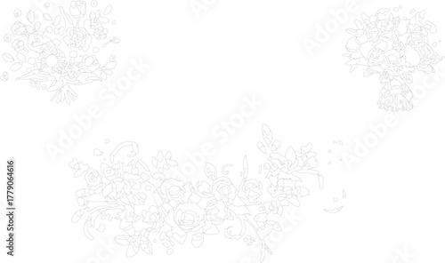 The image features a minimalist design characterized by sparse grey floral patterns set against a bright white background. The use of grey for the floral designs creates a subtle 