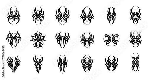 Collection of abstract symmetrical tribal tattoo design elements for creative art projects