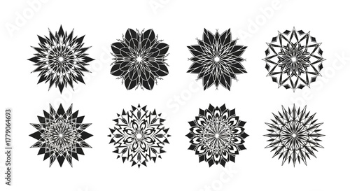 Collection of Eight Unique Black and White Floral Grunge Mandala Illustrations for Creative Designs