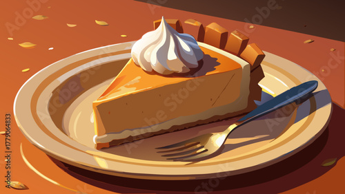 Very beautiful close-up of pumpkin pie slice with whipped cream, realistic texture, warm tones, and soft natural light.
