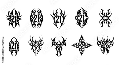 Collection of unique stylized tattoo designs with number 21 and abstract shapes