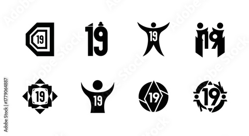 Creative Number Nineteen Logo Variations Collection with Abstract Black and White Designs