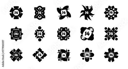 Collection of fourteenth stylized graphic emblem designs displayed on white background