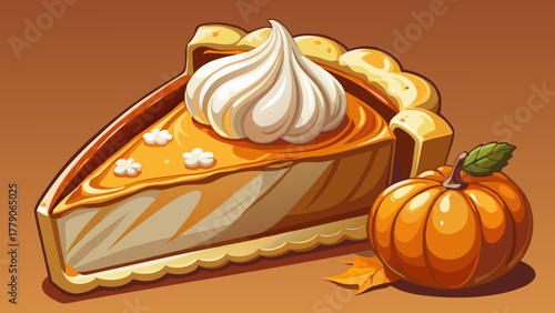 Very beautiful close-up of pumpkin pie slice with whipped cream, realistic texture, warm tones, and soft natural light.
