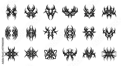 Set of tribal tattoos designs, vector patterns of black esoteric shapes and ornaments