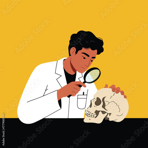 Illustration depicts a person in a white coat using a magnifying glass to examine a human skull