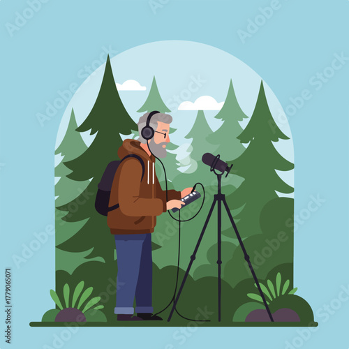 A man records audio in a forest with a microphone and headphones. Trees in the background. Podcast theme