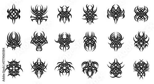 Assortment of striking tribal tattoo designs displayed in a grid pattern on white backdrop
