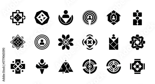 Collection of twenty simple monochrome geometric icons representing diverse concepts