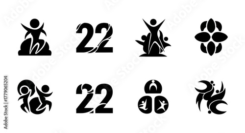 Graphic collection showcasing abstract symbols with human figures and number 22