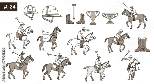 Equestrian Polo Sport Set: Hand-Drawn Illustrations of Players, Horses, Equipment and Trophies