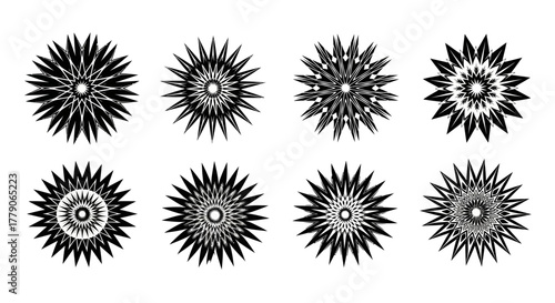 Eight Abstract Geometric Stars in Black and White for Modern Creative Designs