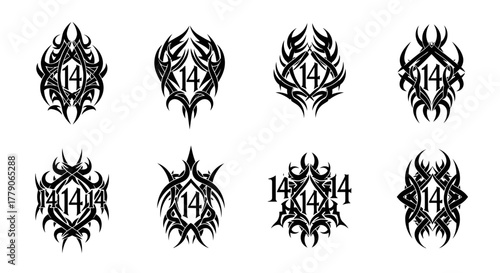 Collection of tattoo designs featuring the number fourteen in various tribal styles