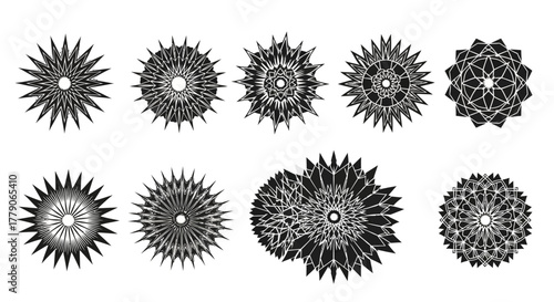 Collection of geometric designs featuring intricate starbursts, radiating elegance and