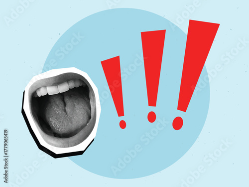 Screaming open mouth with an exclamation marks. Modern collage style. Vector illustration