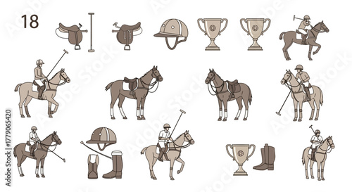 Elegant polo sports pattern, horses, riders, equipment and trophy illustrations, timeless sporting