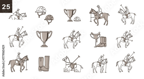 A collection of illustrated polo elements showcasing riders, horses and sporting equipment