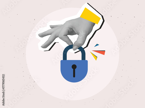 Black and white hand holding a padlock. Security and privacy concept. Modern photo collage style. Vector illustration