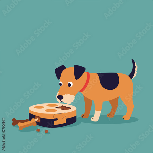 An illustrated dog in a modern, flat-design style, approaches its food bowl with bone-shaped treats